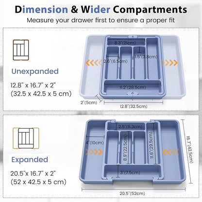 Caperci Large Silverware Organizer for Kitchen Drawer & Utensils - Expandable Drawer Organizer for Cutlery, Flatware & Gadget, BPA-Free Thick Plastic, Wider Compartments & Non-skid Feet (Breezy Blue)