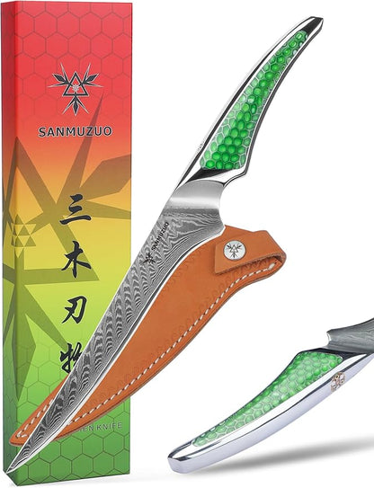 7 inch Fillet Knife, Japanese VG-10 Damascus Steel Kitchen Fish Knife with Ultra Sharp Blade and Full-tang Green Resin Handle