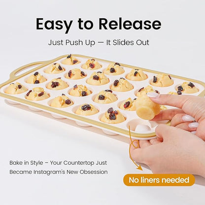 Silicone Mini Muffin Pan With Metal Reinforced Frame - 24 Cups Durable Silicone Cupcake Pan for Muffin, Cupcakes, BPA Free and Dishwasher Safe - 2 Piece Light Yellow