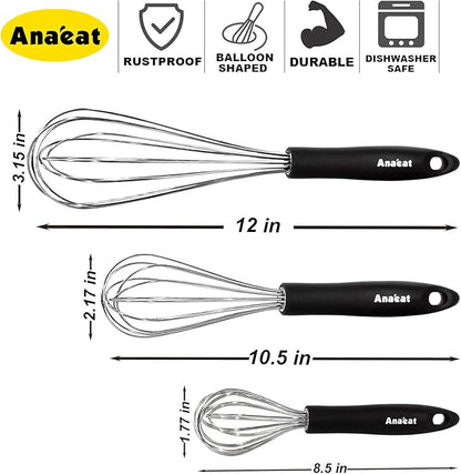 3 Packs Stainless Steel Whisk Set - Balloon Whisk, Anaeat Thick Stainless Steel Wire ＆ Strong Handles, Egg Beater for Cooking, Blending, Whisking, Beating and Stirring (8.5"+10.5"+12")