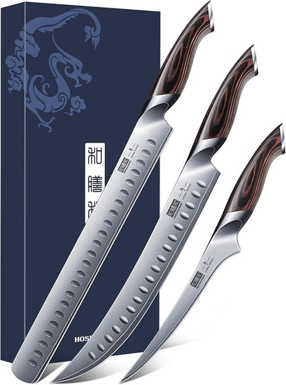 HOSHANHO Carving Knife Set 3PCS, Japanese High Carbon Steel Brisket Slicing Knife Sets with Ergonomic Pakkawood Handle, Butcher Knife Breaking Knife Boning Knife for Meat Cutting