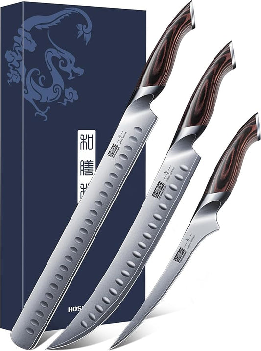 HOSHANHO Carving Knife Set 3PCS, Japanese High Carbon Steel Brisket Slicing Knife Sets with Ergonomic Pakkawood Handle, Butcher Knife Breaking Knife Boning Knife for Meat Cutting