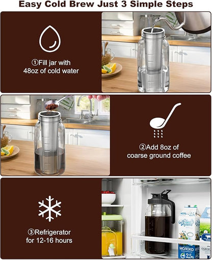 Cold Brew Coffee Maker 64oz, Iced Coffee Maker with 304 Stainless Steel Filter, Mason Jar Pitcher with Lid and Spout (Black)