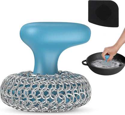 Cast Iron Scrubber | Dish Scrub Brush | 316 Cast Iron Cleaner Chainmail Scrubber for Pan Skillet Cleaner - Blue