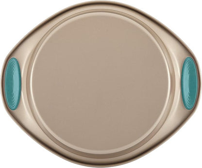 Rachael Ray 47578 Cucina Nonstick Bakeware Set with Grips Includes Nonstick Bread Pan, Baking Sheet, Cookie Sheet, Baking Pans, Cake Pan and Muffin Pan - 10 Piece, Latte Brown with Agave Blue Grips