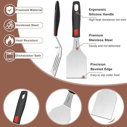 Stainless Steel Spatula Set, 2 Pack Small Metal Spatulas for Kitchen Use, Solid and Slotted Turner with Silicone Handle, Spatula for Cast Iron Skillet Cooking, Cookie and Brownie Serving