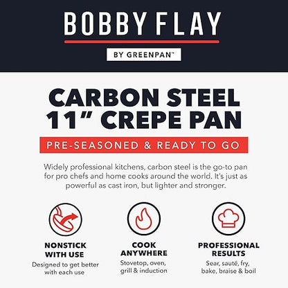 GreenPan x Bobby Flay 11" Carbon Steel Crepe Pan, Pre-Seasoned, Nontoxic, PFAS-Free, Induction Compatible, Pancake & Omelet Flat Griddle, High-Heat & Oven Safe Cookware, Cast Iron Alternative