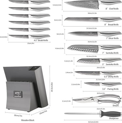 NANFANG BROTHERS® 16 Pieces Damascus Kitchen Knife Set, High Carbon Damascus Steel Chef Knife Set, Stainless Steel Ergonomic Handle for Chef, with Built-in Sharpening Rod