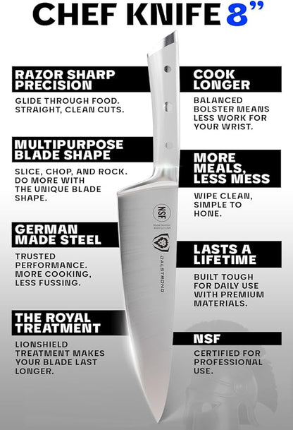 DALSTRONG Chef Knife - 8 inch Blade - Gladiator Series - Forged High Carbon German Steel - Razor Sharp Kitchen Knife - Professional Full Tang Knives - Glacial White Handle ABS - Sheath - NSF Certified