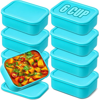 Nuogo 8 Pcs 6 Cup Silicone Freezer Trays with Lid Soup Containers Reusable Freezer Silicone Molds Rectangle Containers Ice Trays for Sauces Stews Curries, Lake Blue
