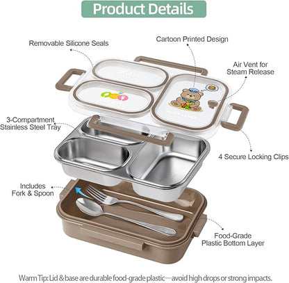 Stainless Steel Bento Lunch Box for Kids, 26.4 oz Leak-Proof 3-Compartment Metal Bento Box, BPA-Free, Cute Cartoon Meal Prep Snack Container with Utensils for School, Office, Travel - Brown