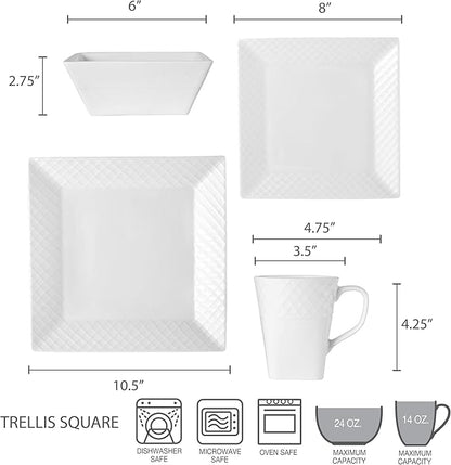 Trellis White Square 16 Piece Dinnerware Set, Service For 4