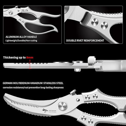 MAD SHARK Heavy Duty Poultry Shears, Kitchen Shears with Non-Slip Handle & Safety Lock, All Purpose Kitchen Scissors for Chicken, Meat Cutting, Turkey, Fish, Vegetables, Spring Loaded, Dishwasher Safe