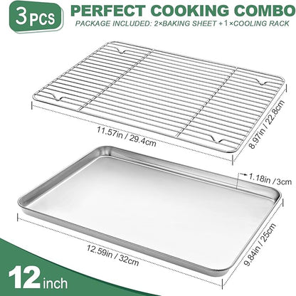 Baking Sheets 2 Pieces with A Rack, HKJ Chef Cookie Sheets and Nonstick Cooling Rack & Stainless Steel Baking Pans & Toaster Oven Tray Pan, Rectangle Size 12.5 x 10 x 1 inch & Non Toxic