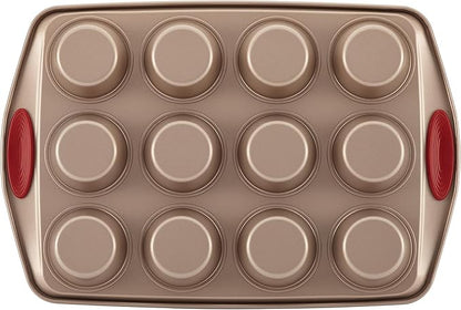 Rachael Ray Cucina Nonstick Bakeware Set Baking Cookie Sheets Cake Muffin Bread Pan, 10 Piece, Latte Brown with Cranberry Red Grips