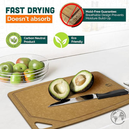 Earth’s Dreams Wood Cutting Board Set 3-Piece: Small, Large & Extra Large - Charcuterie Board, Non-Plastic, Non-Toxic, Heavy-Duty, Dishwasher Safe (Tan/Juice)