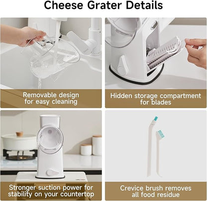 Rotary Cheese Grater Hand Crank, 5 in 1 Mandoline Vegetable Slicer - 5 Sets of Blades,Strong Suction Base&Easy to Clean - Kitchen Cheese Grater Shredder with Handle for Fruit,Vegetable,Nuts