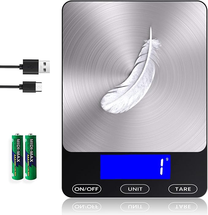 Food Scale -33lb Digital Kitchen Scale for Food Ounces Grams Rechargeable 304 Stainless Steel,Batteries and Type-C Charging | Perfect for Meal Prep, Cooking, and Baking, Black