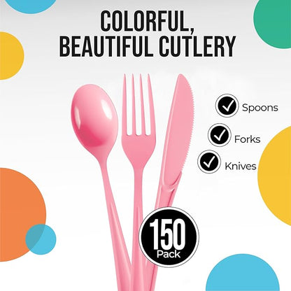 Party Solids Pink Plastic Silverware Heavy Duty 150 Pieces Pink Plastic Cutlery Sets, Utensil Sets, 50 Of Each Forks, Knives & Spoons Disposable Cutlery Set, Flatware Set For Party Supplies