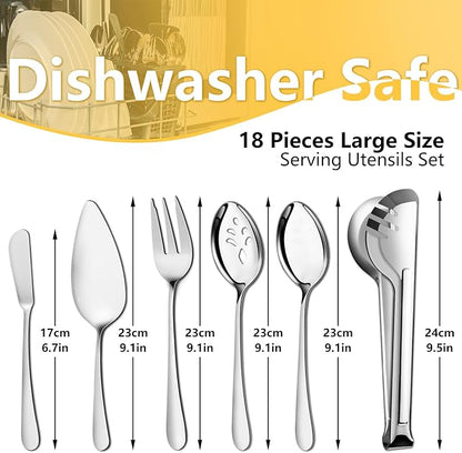 Pleafind 18-Piece Stainless Steel Utensil Set - Serving Spoons, Slotted Spoons, Forks, Tongs, Pie Server, Butter Knife for Parties & Banquets