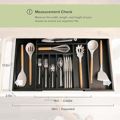 KitchenEdge Premium Silverware, Flatware and Utensil Organizer for Kitchen Drawers, Food-Safe Contract Grade, Expandable from 16 to 28 In, Black Bamboo