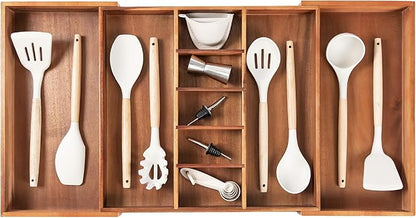 KitchenEdge Adjustable Kitchen Drawer Organizer for Utensils and Junk, Food-Safe Contract Grade with 100% Sustainable Wood, Non-Slip, Expandable from 18.5 to 33 Inches Wide - Natural Acacia