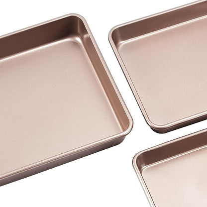 Nonstick Roasting Pan, Deep Baking Pan Set, Large Cake Pan Sets for Oven, 3-Piece Brownie Pan （Gold）