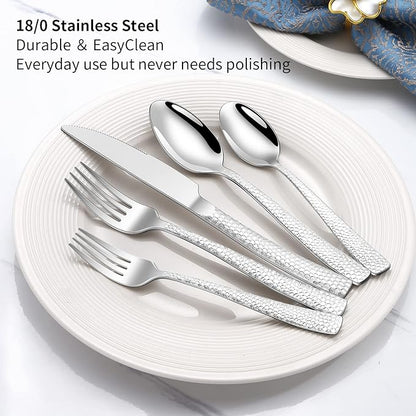 20-Piece Silverware Set, Silver Hammered Stainless Steel Flatware Sets for 4, Food-Grade Tableware Set, Including Fork Knife Spoon Set, Home Kitchen Cutlery Sets, Dishwasher Safe