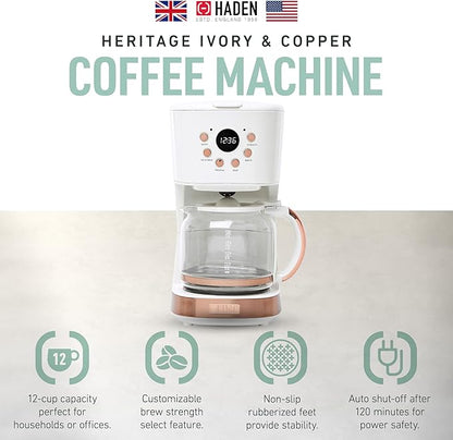 Haden Coffee Machine, 12 Cup Programmable Drip Coffee Maker with Auto Shut-Off Function and Reusable Washable Water Filter, Ivory & Copper