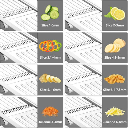 Mandoline Slicer for Kitchen, Adjustable Stainless Steel Mandoline Food Slicer, Onion Potato Cucumber Tomato Carrot Vegetable Fruit Slicer, Mandolin Veggie Cutter with Food Holder, Grey