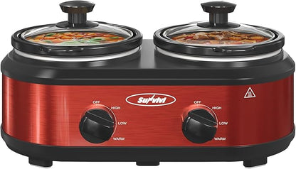 Sunvivi Double Slow Cooker,2 Pot Small Mini Crock Buffet Servers and Warmer,Dual Pot Oval Manual Slow Cooker with Adjustable Temp Removable Ceramic Pot,Stainless Steel, Total 2.5 Quarts Red