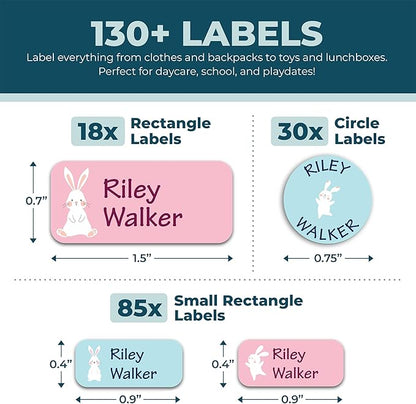 Personalized Daycare Name Labels for Kids (130 Labels) - Custom Waterproof Name Stickers for Clothing Tags, Water Bottles, Lunch Boxes and School Supplies (Bunny)