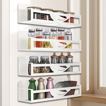 Magnetic Spice Rack for Refrigerator, 4-Pack Metal Seasoning Organizer for Kitchen Storage Organization, Space Saving Magnetic Shelf for Fridge, Pantry, Laundry Room, White