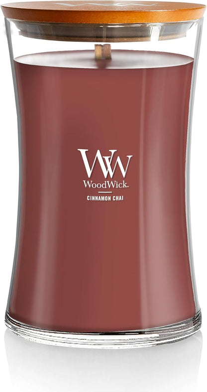 WoodWick Cinnamon Chai Holiday Candle Gifts for Women and Men, 21.5 oz Large Hourglass Candle with Crackling Wick