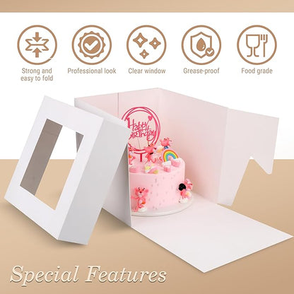 Cakebon Cake Boxes with Boards - 12 Inch Round Cake Drum White (3-pack) - Box With Window for Birthdays, Weddings and Parties