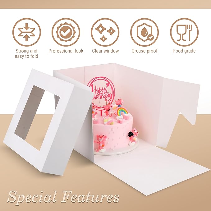 Cakebon Cake Boxes with Boards - 8 Inch Round Cake Drum White (3-pack) - Box With Window for Birthdays, Weddings and Parties
