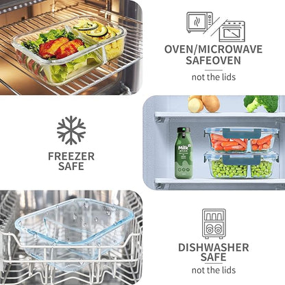 KOMUEE 10 Packs 30oz Glass Meal Prep Containers 2 Compartments,Glass Food Storage Containers with Lids,Airtight Lunch Bento Boxes,Microwave,Oven,Freezer and Dishwasher Safe