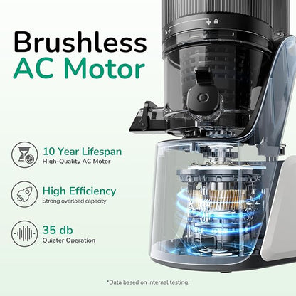 Canoly C16 Cold Press Juicer, 6" Extra Wide Feed Chute, 3-IN-1 Strainers (Juice & Sorbet & Nut Milk), Powerful AC Brushless Motor, Self Precut System, Juicer Machines with BPA-Free (Pearl White)