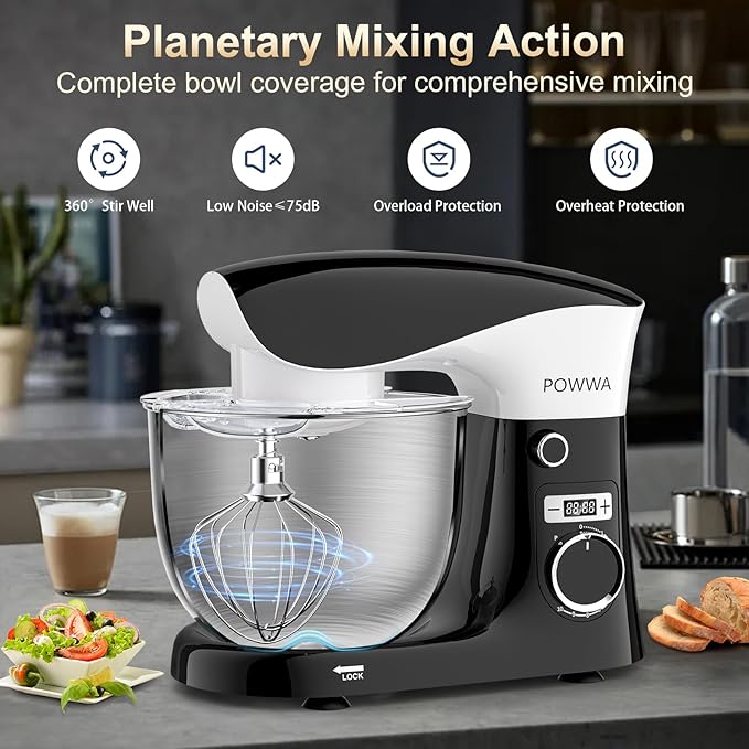 Stand Mixer, POWWA 6.5 QT 10 Speeds Tilt-Head Electric Stand Mixer, 3-In-1 Kitchen Mixer with Bowl, Dough Hook, Whisk and Beater, Food Mixer for Baking and Daily Use (Black White)