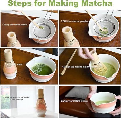 Pink Matcha Whisk Making Set - Japanese Tea Kit with Whisk Bowl and Bamboo Scoop Ceramic Chawan with Spout for Traditional Tea Ceremony Complete Matcha Making Tools Gift for Tea Lovers (Pink, 7 PCS)