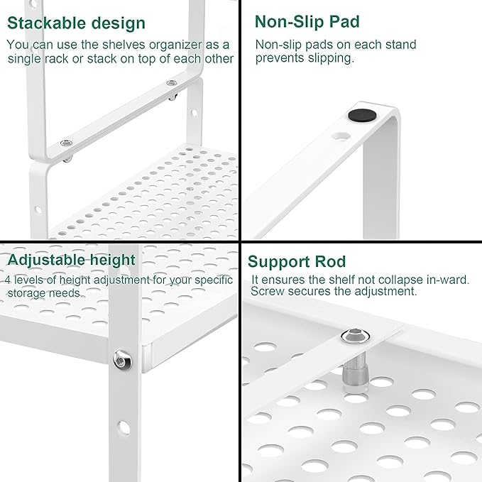 iPEGTOP Large Expandable Cabinet Storage Shelf Organizer Rack, Heavy Duty Stackable Steel Metal Spice Rack Adjustable Height Home Office Pantry Garage Shelf for Counter Kitchen, White - 1 Pack
