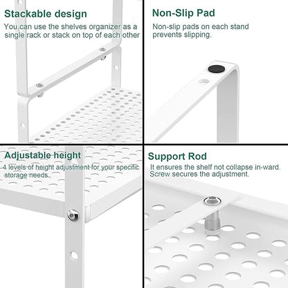 iPEGTOP Expandable Cabinet Storage Shelf Organizer Rack, Heavy Duty Stackable Steel Metal Spice Rack Adjustable Height Pantry Garage Shelf for Counter Kitchen Organization, White - 1 Pack