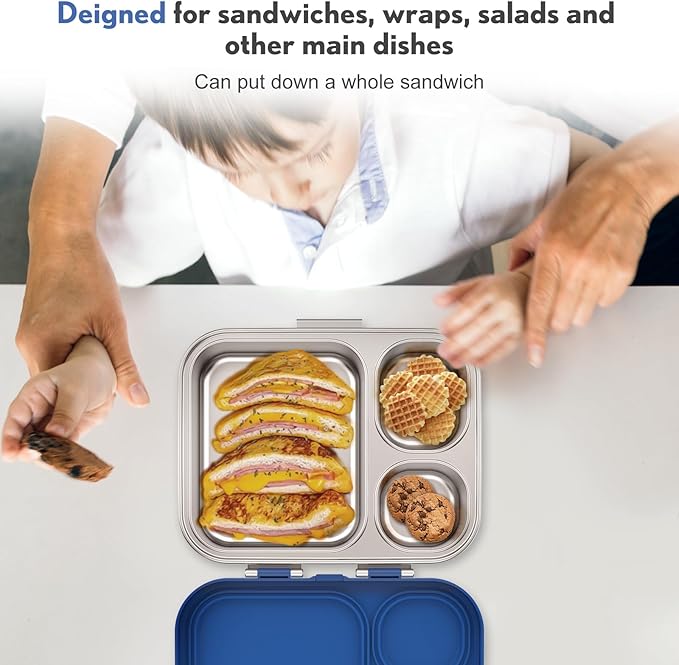 Stainless Steel Bento Box Kids, Leak Proof Metal Bento Lunch Box,3 Compartments 304 Stainless Steel Bento Lunch Containers for School and Office, BPA-Free(Blue)