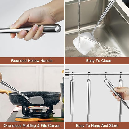 18/10 Stainless Steel Cooking Utensils Set, 10PCS Metal Kitchen Utensils Set for Wok,Kitchen Tools Set Come with Spoon, Fork, Spatula, Ladle, Skimmer, Turner, Pasta Server