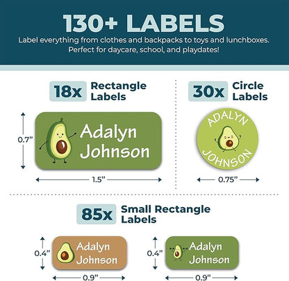 Personalized Daycare Name Labels for Kids (130 Labels) - Custom Waterproof Name Stickers for Clothing Tags, Water Bottles, Lunch Boxes and School Supplies (Avocados)