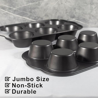 Non-Stick Jumbo Muffin Pans, 3.5" 6-Cup Set of 2 Baking Pans, Heavy Duty Carbon Steel Tins for Extra-large Muffins & Cupcakes