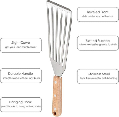Fish Spatula Set of 2, HaSteeL Stainless Steel Slotted Spatula Turner with Riveted Wooden Handle, Professional Metal Spatulas Great for Kitchen Cooking Flipping Frying & Grilling, 2 x Hooks