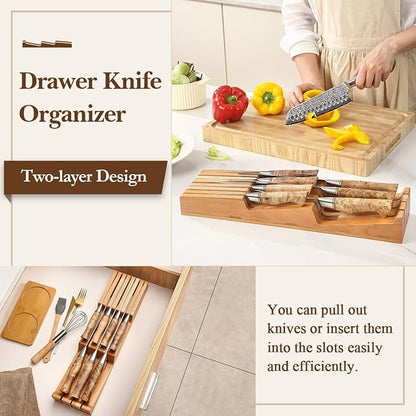 HEZHEN 7-slot Cherry Wood In-drawer Knife Tray,Kitchen Storage Organization Organizer Insert,Saves Countertop Space