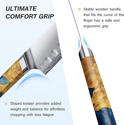 FINTISO Santoku Knife 7 inch Kitchen Knife S35VN Powder Steel Core for Meats Vegetables, 7-Layers Clad Steel Japanese Chef Knife Super Sharp Chopping Knife with Celestial Resin & Wood Handle Best Gift