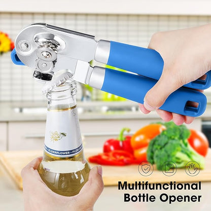 Beneno Heavy Duty Hand Can Opener Manual with Magnet, Durable Sharp Carbon Steel Blade Smooth Cutting, Big Effort-Saving Knob & Soft Grip Handle, Multifunctional Bottle Opener, Klein Blue